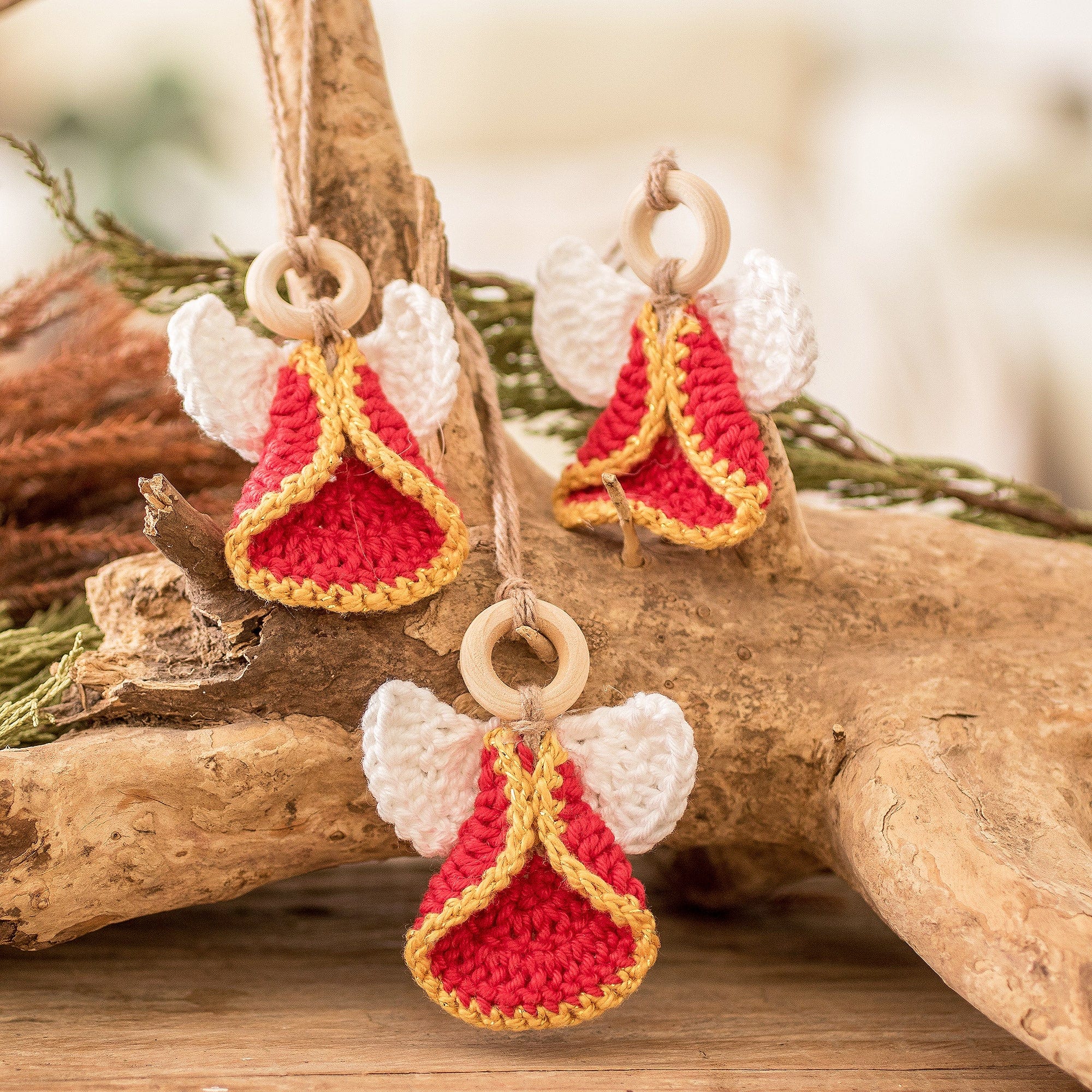 Set of 3 Handcrafted Red Cotton and Wood Angel Ornaments - Lovely Creation