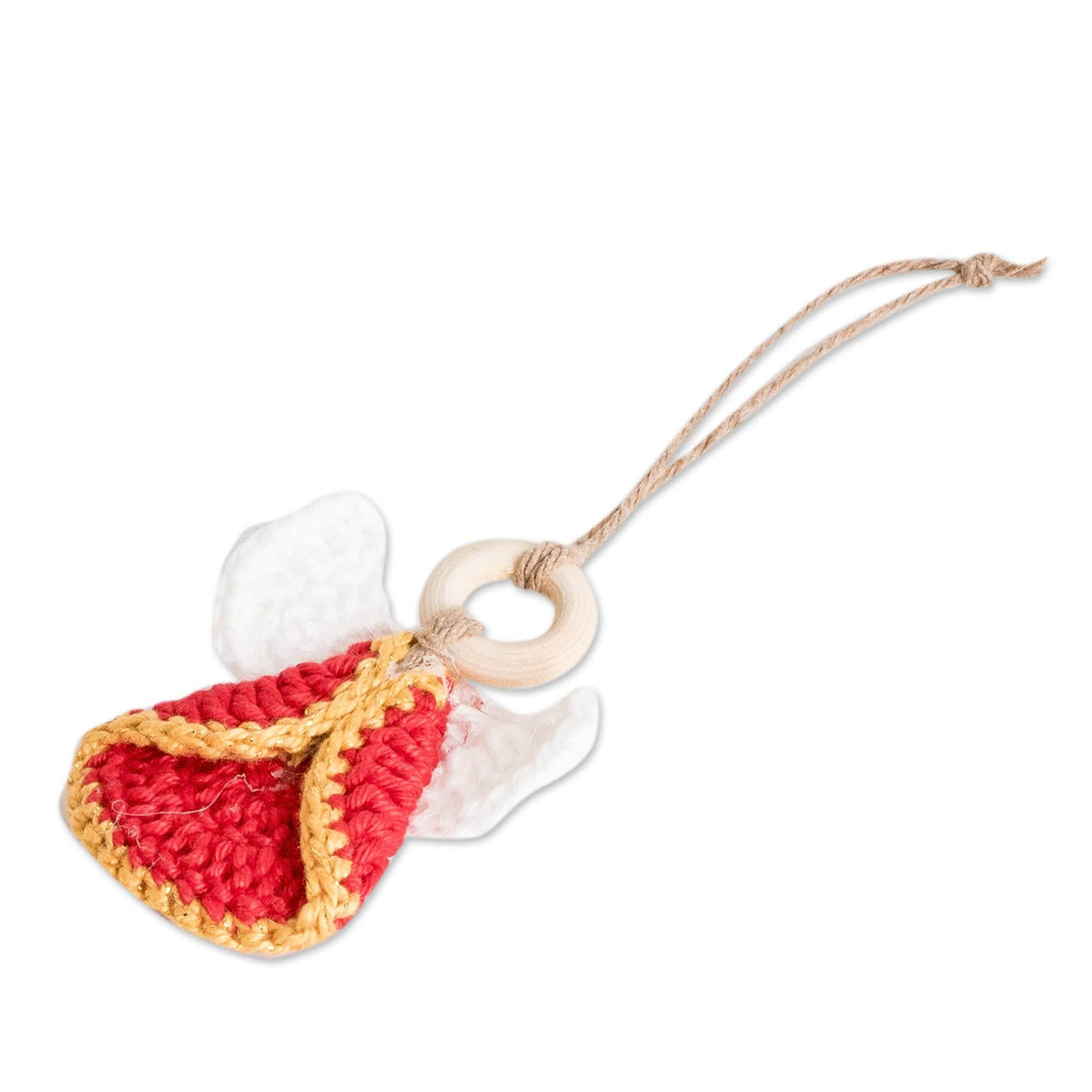 Set of 3 Handcrafted Red Cotton and Wood Angel Ornaments - Lovely Creation