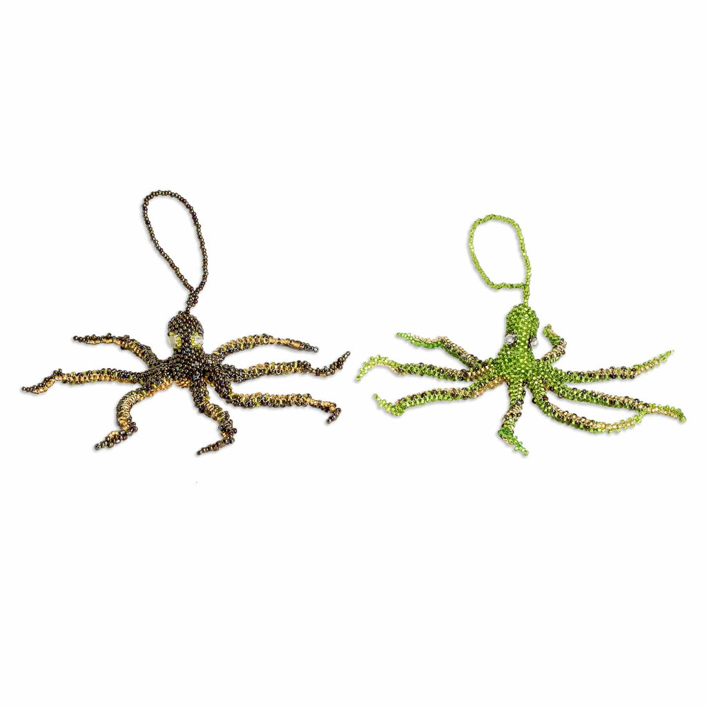 Crystal Glass Beaded Octopus Ornaments from Guatemala (Pair) - Lively Aquatic Life