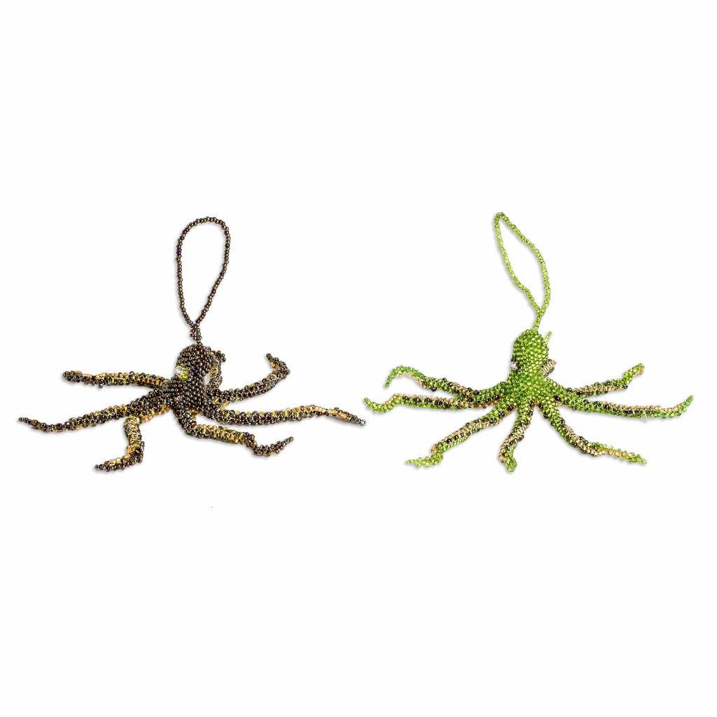 Crystal Glass Beaded Octopus Ornaments from Guatemala (Pair) - Lively Aquatic Life