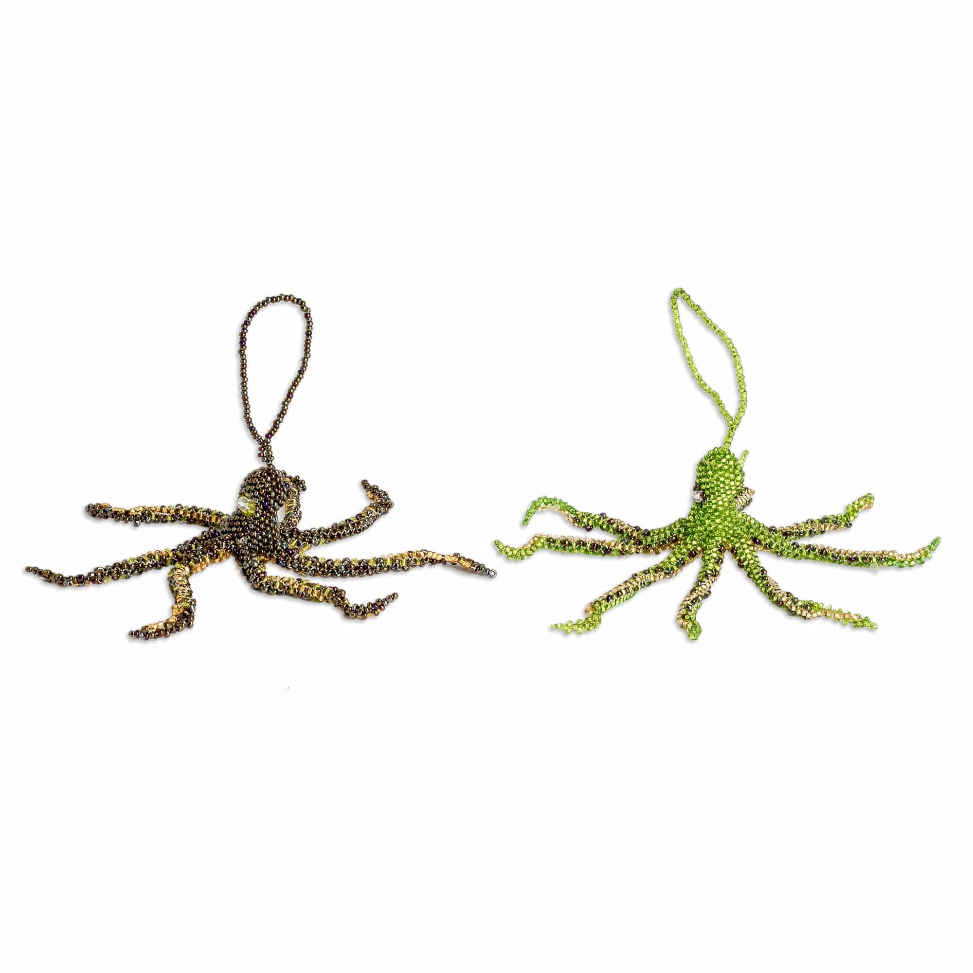 Crystal Glass Beaded Octopus Ornaments from Guatemala (Pair) - Lively Aquatic Life