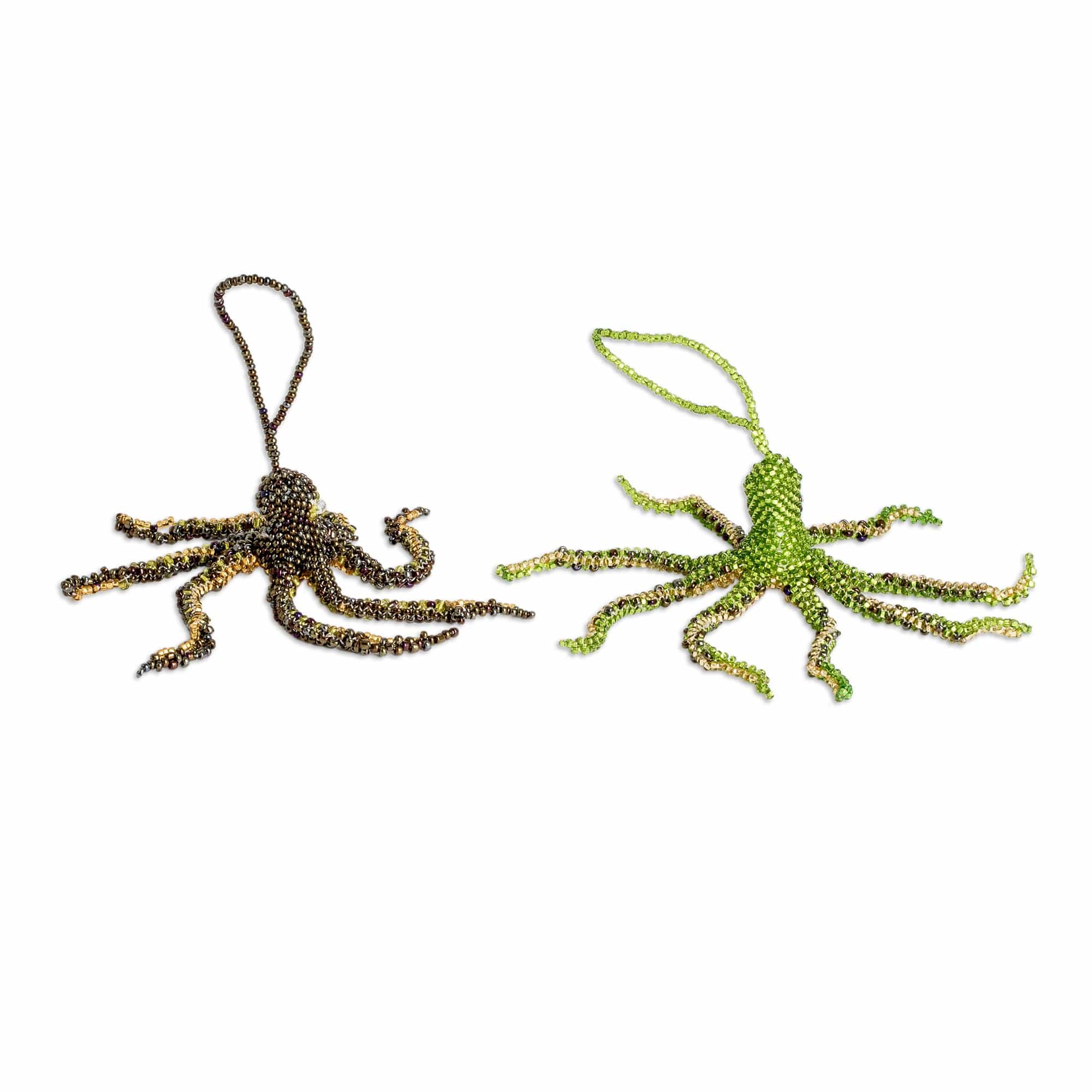 Crystal Glass Beaded Octopus Ornaments from Guatemala (Pair) - Lively Aquatic Life