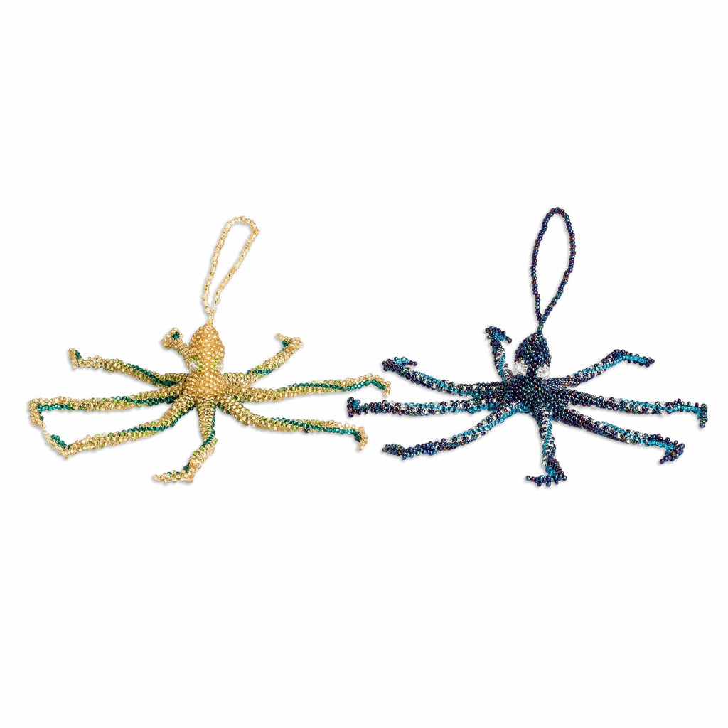 Pair of Crystal and Glass Beaded Octopus-Themed Ornaments - Lovely Aquatic Life