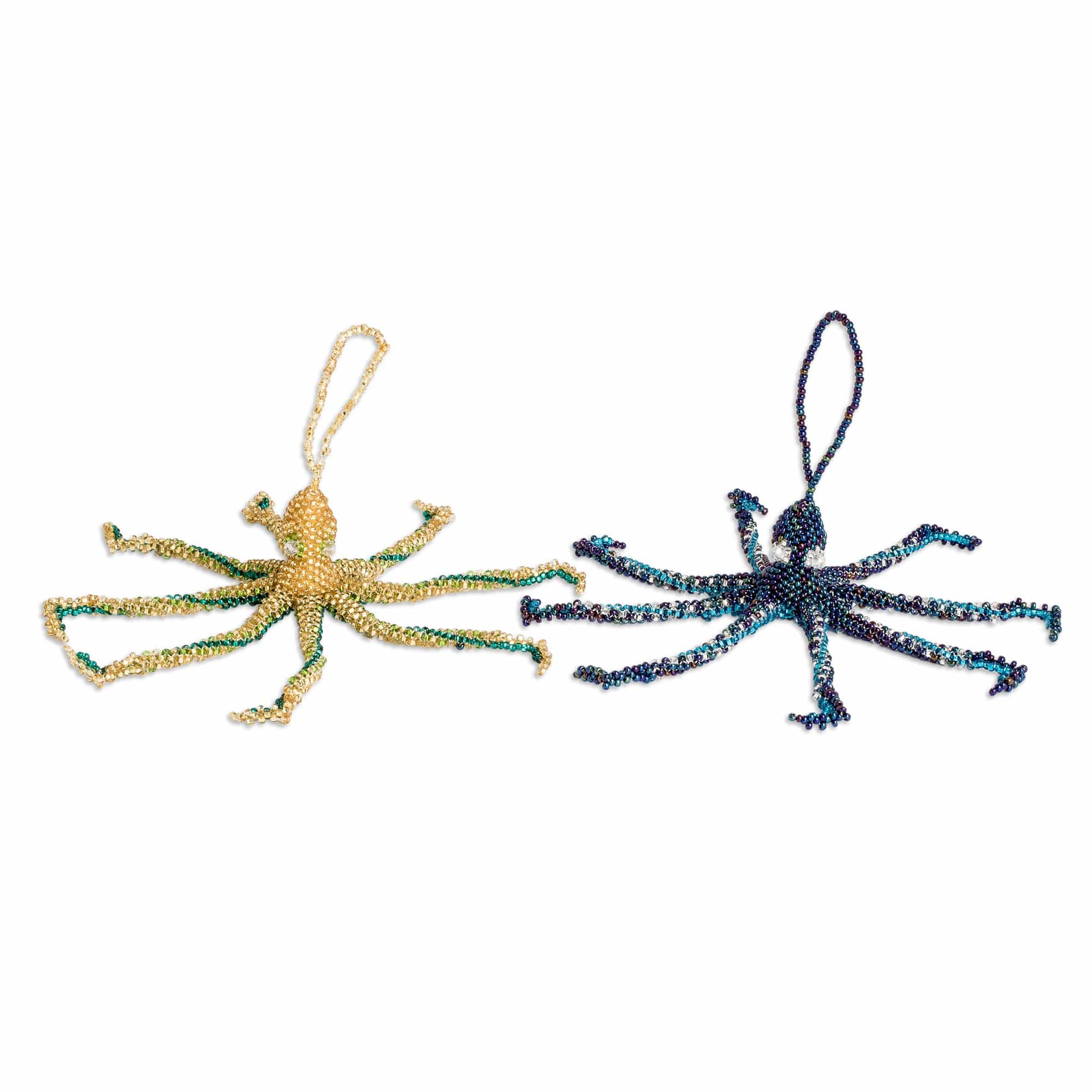 Pair of Crystal and Glass Beaded Octopus-Themed Ornaments - Lovely Aquatic Life