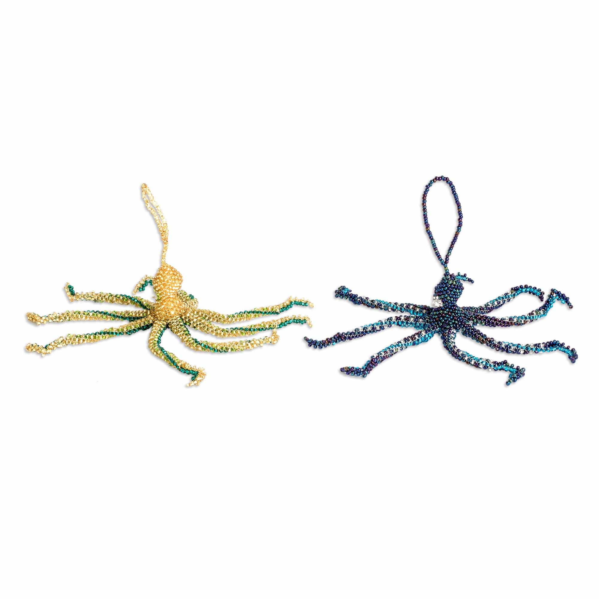 Pair of Crystal and Glass Beaded Octopus-Themed Ornaments - Lovely Aquatic Life