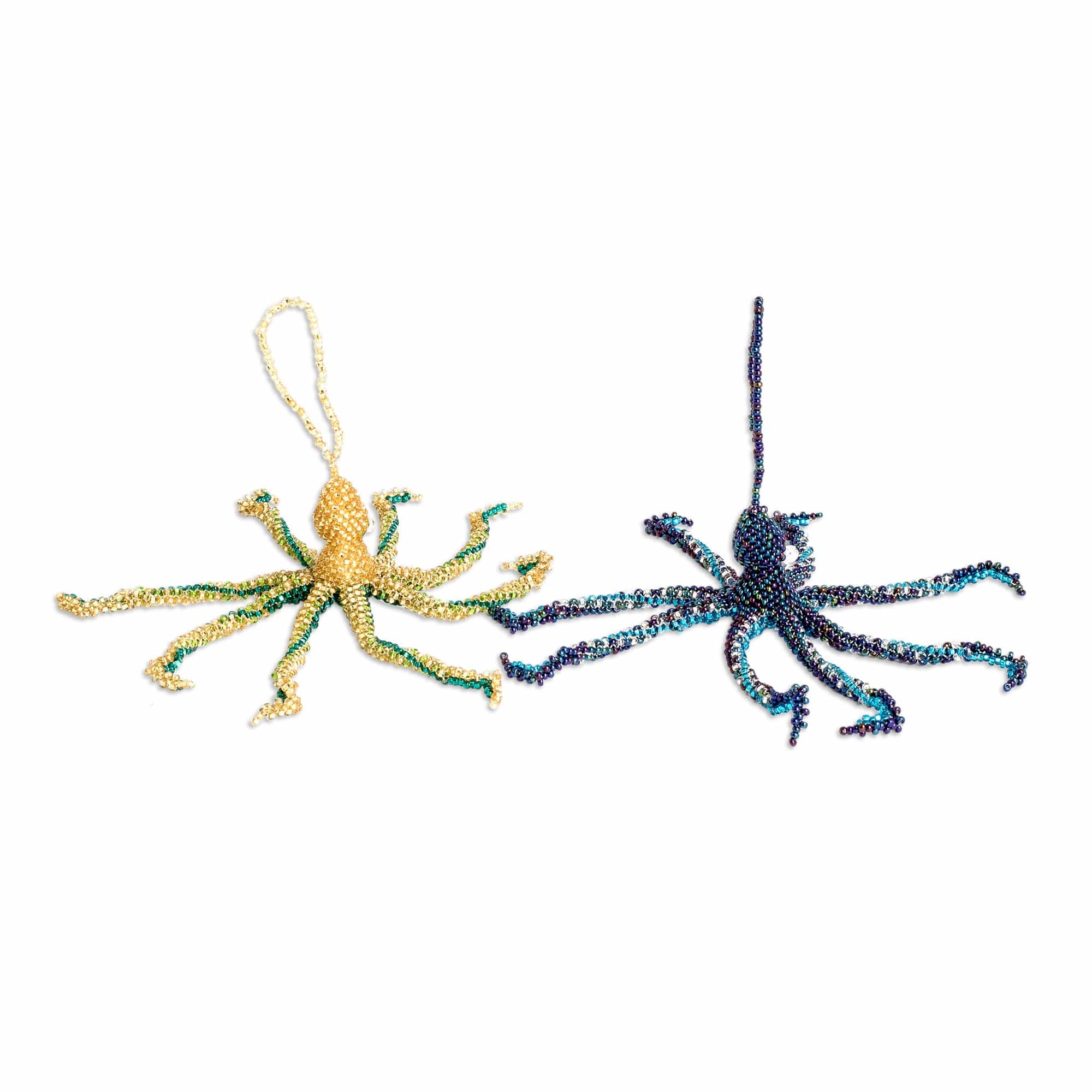 Pair of Crystal and Glass Beaded Octopus-Themed Ornaments - Lovely Aquatic Life