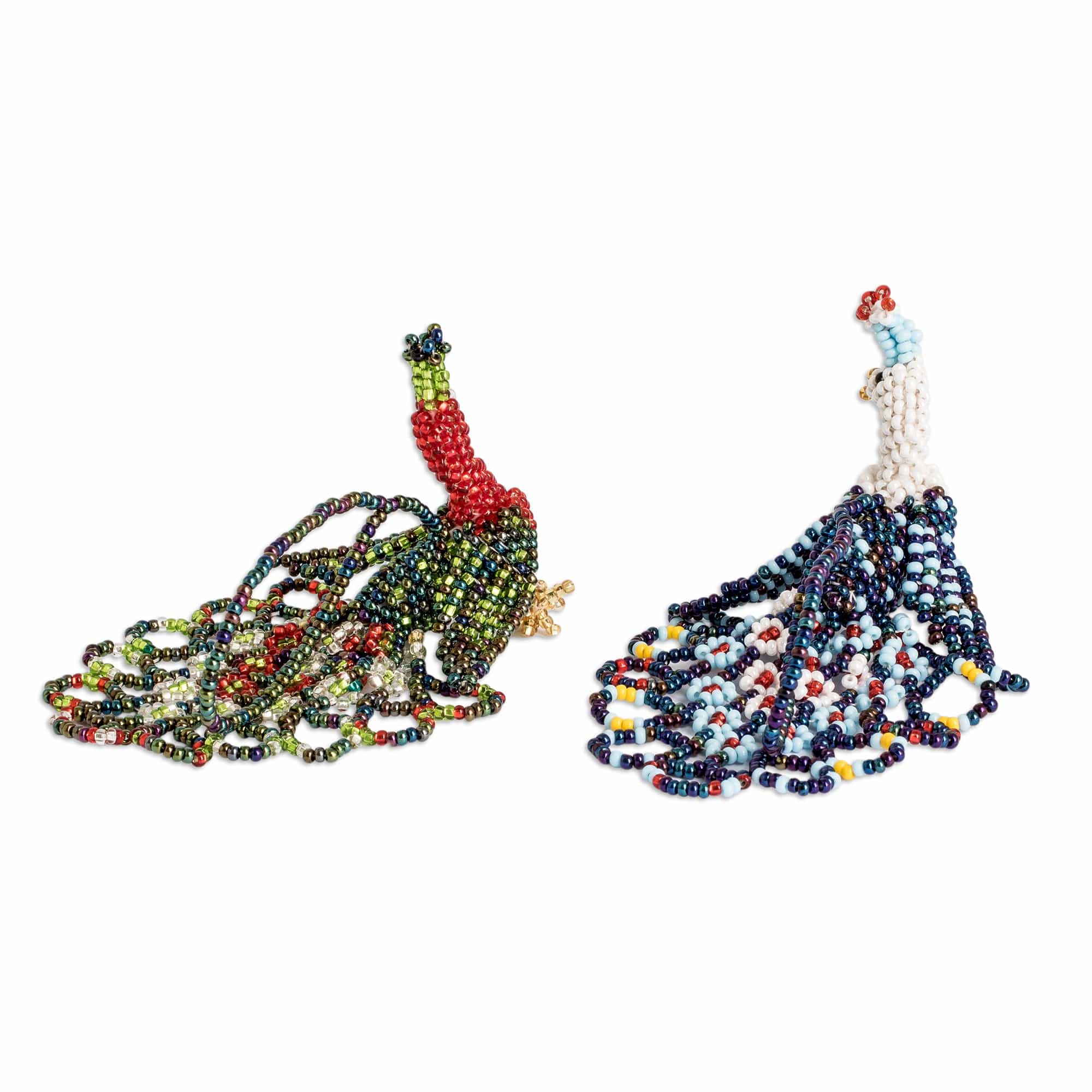 Pair of Glass Beaded Peacock-Themed Ornaments from Guatemala - Peacock Splendor
