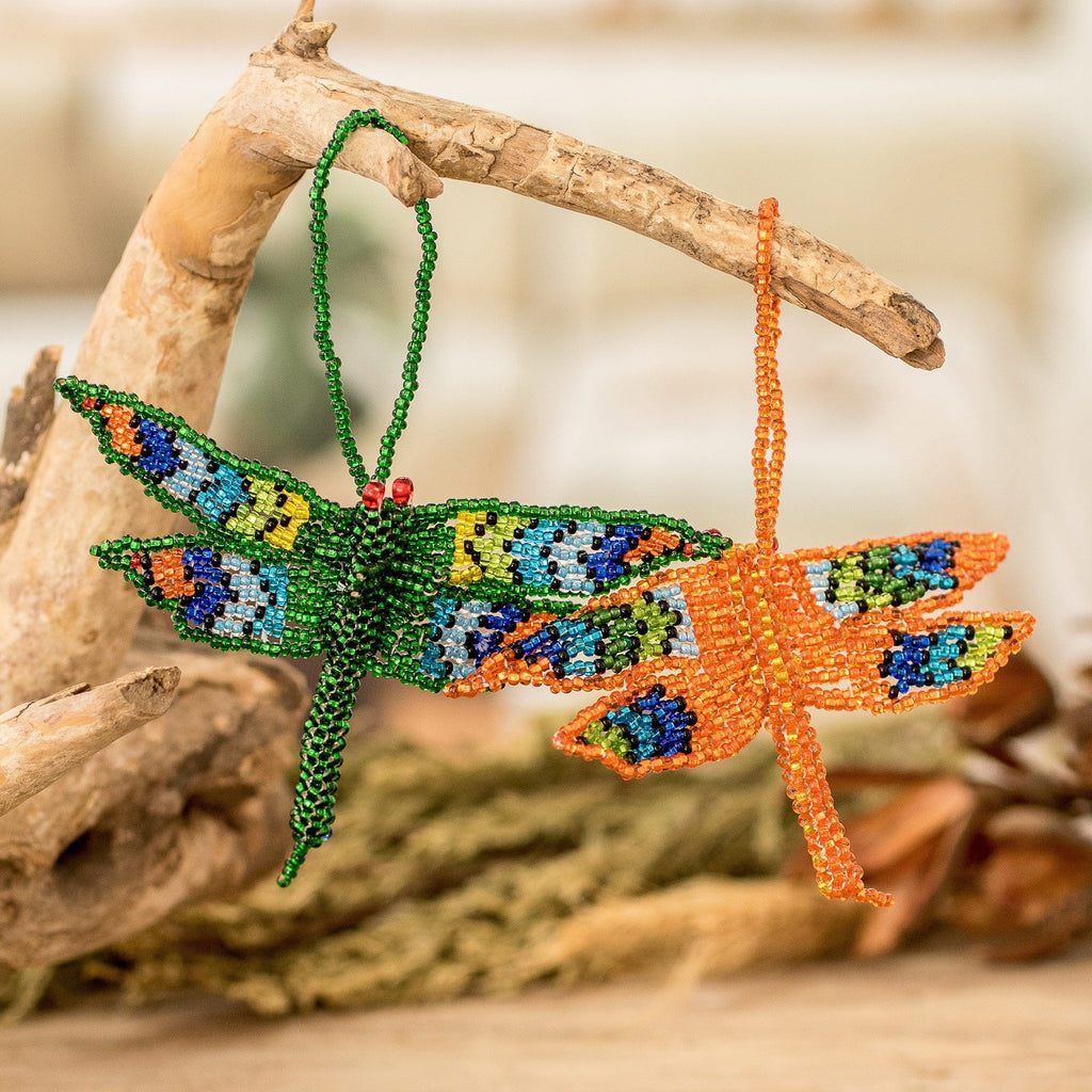 Two Glass Beaded Dragonfly-Themed Ornaments from Guatemala - Colorful Free Flight