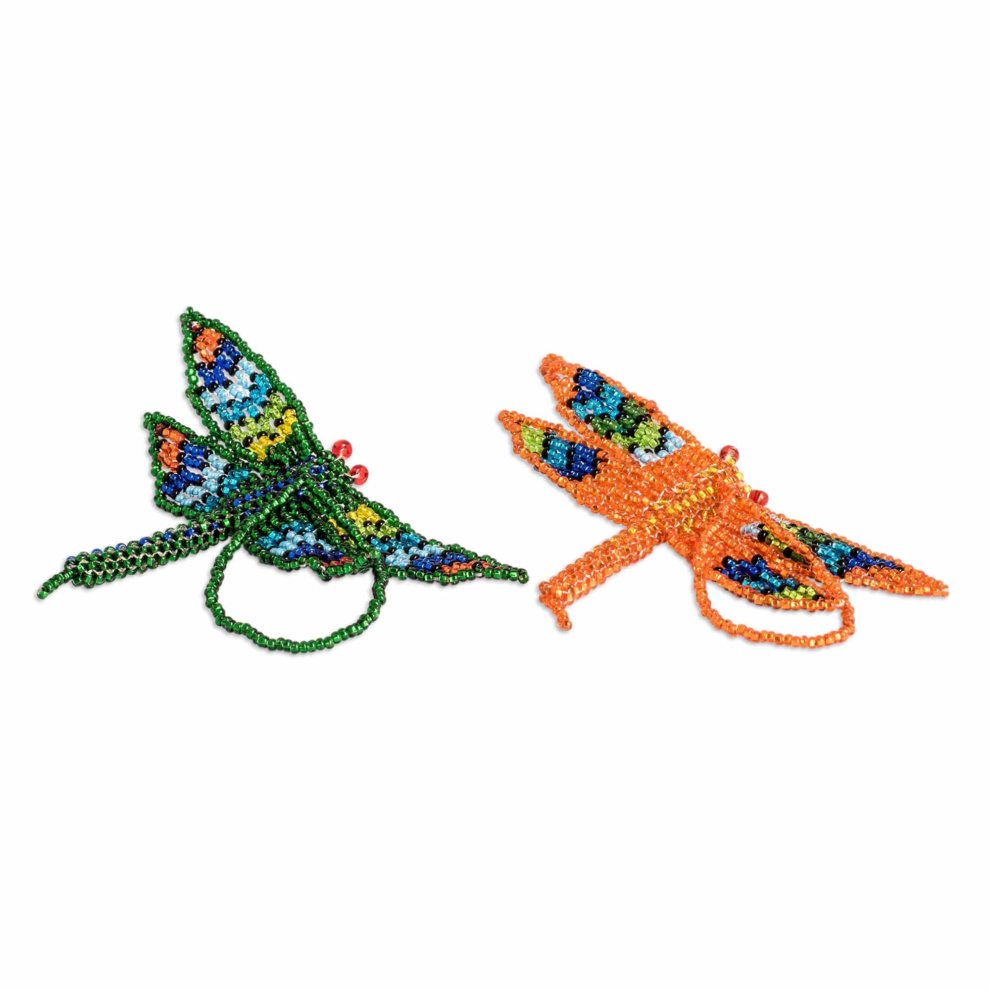 Two Glass Beaded Dragonfly-Themed Ornaments from Guatemala - Colorful Free Flight