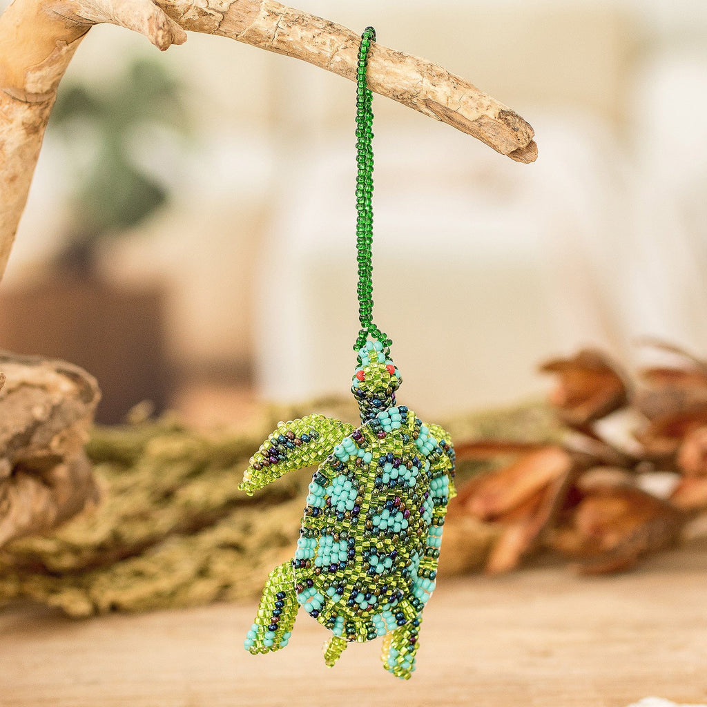 Glass Beaded Sea Turtle-Themed Ornament in Green and Aqua - Dreamy Sea Turtle