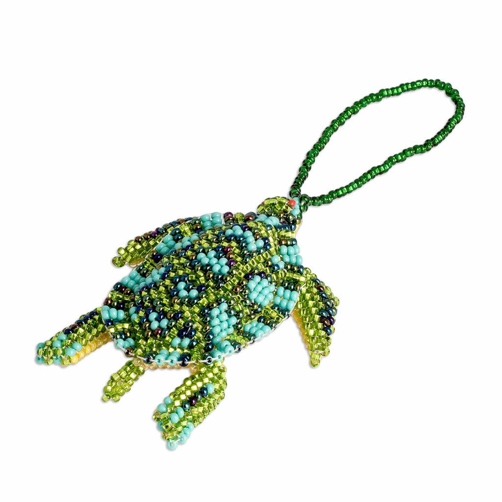 Glass Beaded Sea Turtle-Themed Ornament in Green and Aqua - Dreamy Sea Turtle